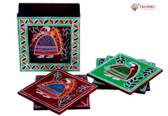 Hand Painted Madhubani Coasters set of 6 with holder - Red & Green Doll