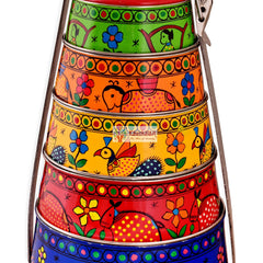Hand painted 5 tier steel pyramid tiffin- Madhubani Lunch box