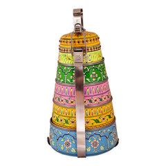 Hand painted 5 tier steel pyramid tiffin- Lunch box, Meal for family, Picnic box, large Bento box