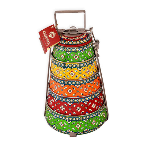 Hand painted 5 tier steel pyramid tiffin- Multicolored  Lunch box
