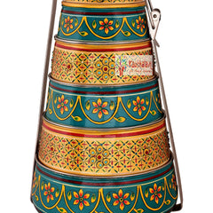Hand painted 5 tier steel pyramid tiffin- Gold & Green Lunch box