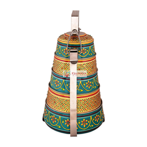 Hand painted 5 tier steel pyramid tiffin- Gold & Green Lunch box