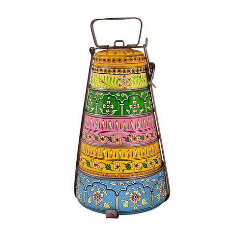 Hand painted 5 tier steel pyramid tiffin- Lunch box