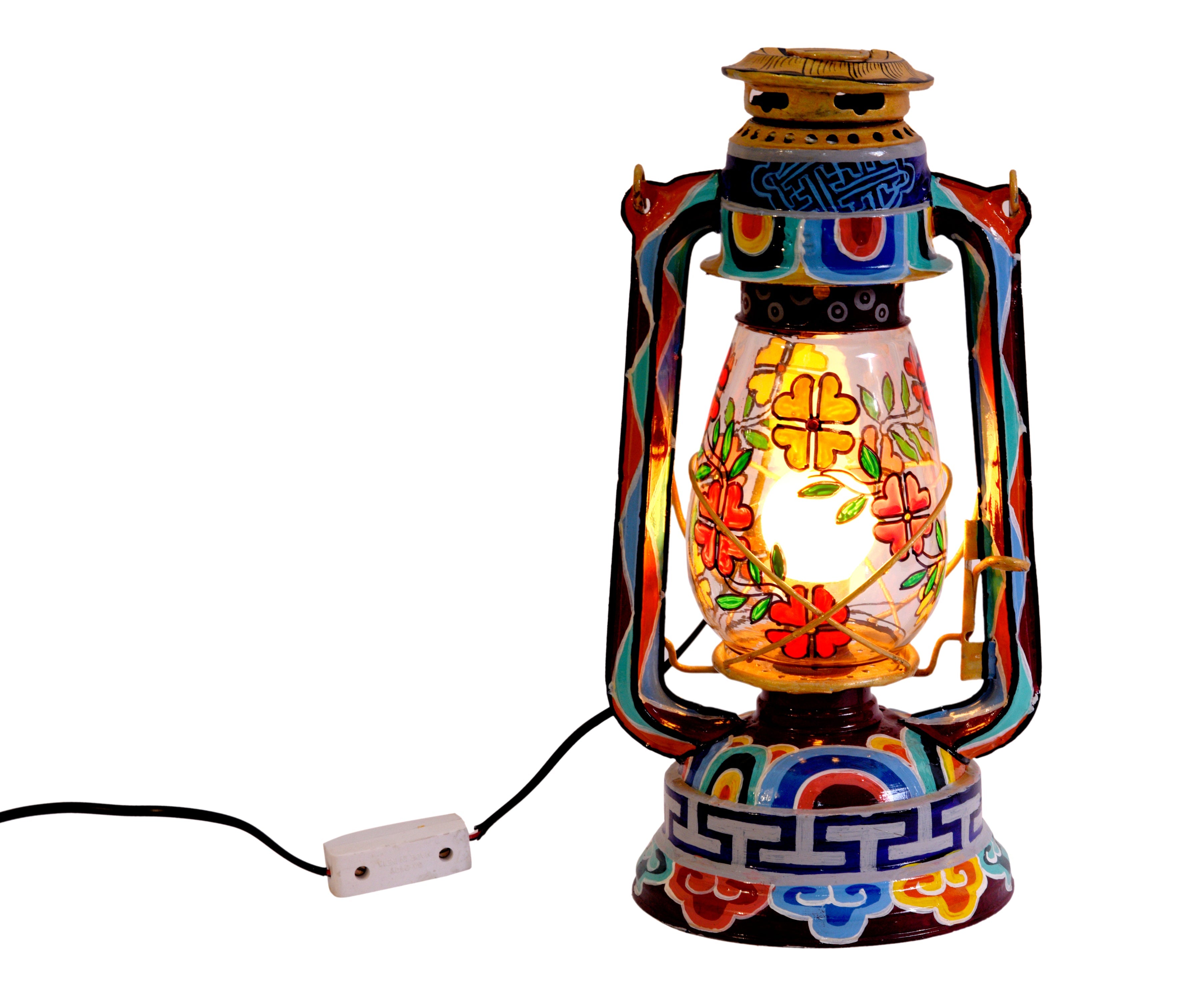 Hand Painted Hurrican Lantern with Bulb : Pure Bliss Ladakhi Art