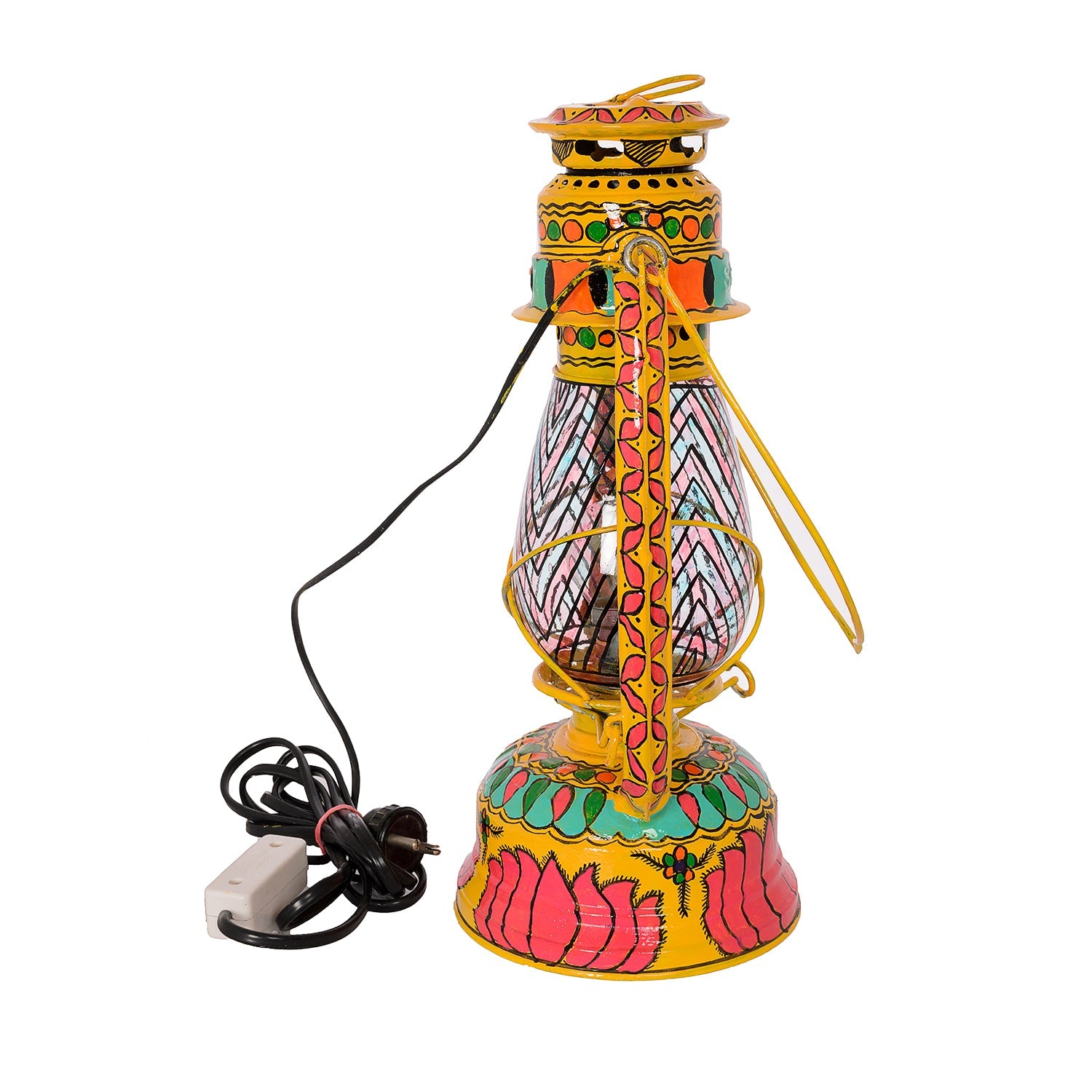 Hand Painted Hurrican Lantern with Bulb : Yellow Lotus