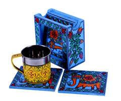 Hand Painted Madhubani Coasters set of 6 with holder - Blue Elephant