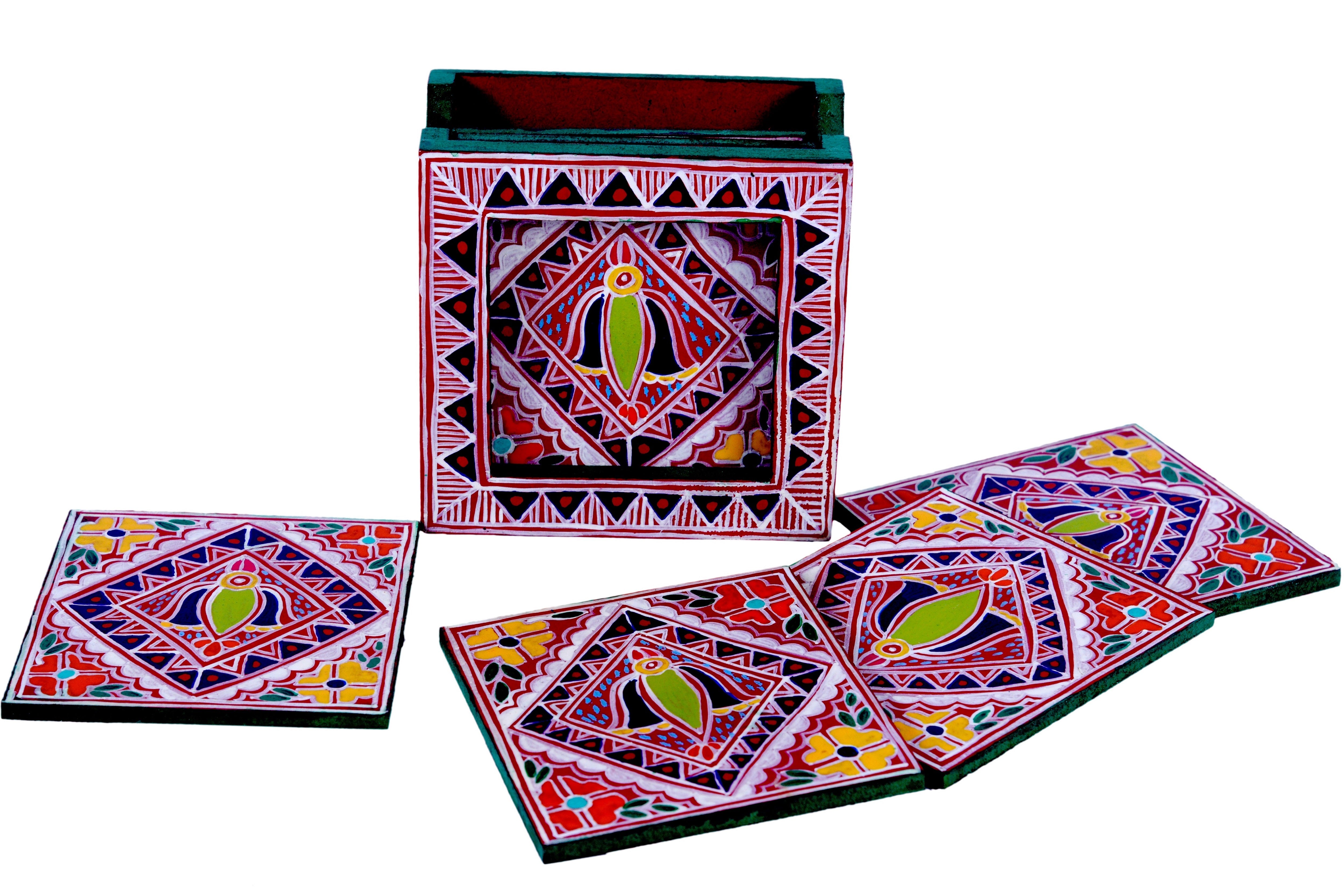 Hand Painted Madhubani Coasters set of 6 with holder - Folk Art Bird