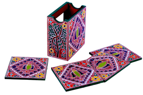 Hand Painted Madhubani Coasters set of 6 with holder - Folk Art Bird