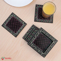 Hand Painted Coasters set of 6 with holder - Black Mughal Art