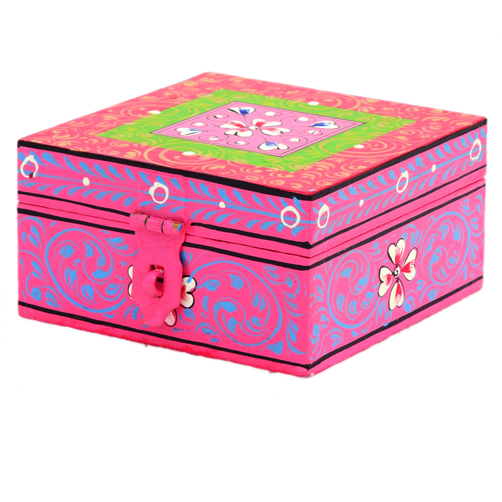 Hand painted Wooden Square box : Pink Jewelry Box