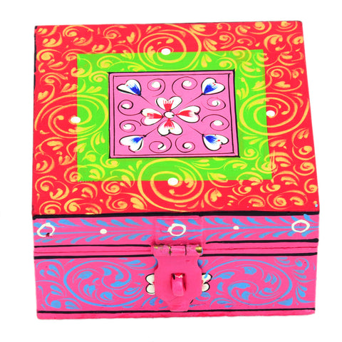 Hand painted Wooden Square box : Pink Jewelry Box