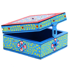 Hand painted Wooden Square Box : Jewelry Box, Sky Blue Coin Box
