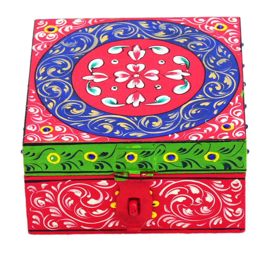 Hand painted Wooden Square Box : Jewelry Box, Red Knick-Knack Box