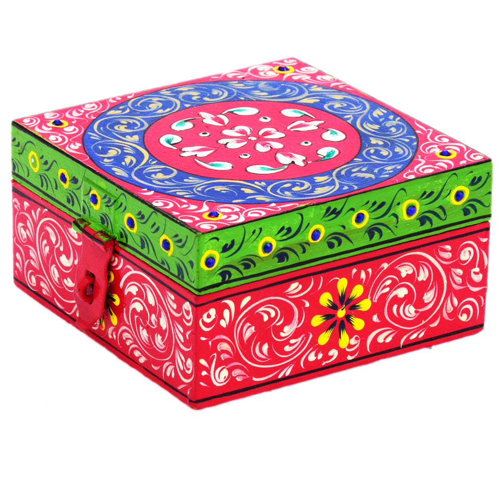 Hand painted Wooden Square Box : Jewelry Box, Red Knick-Knack Box