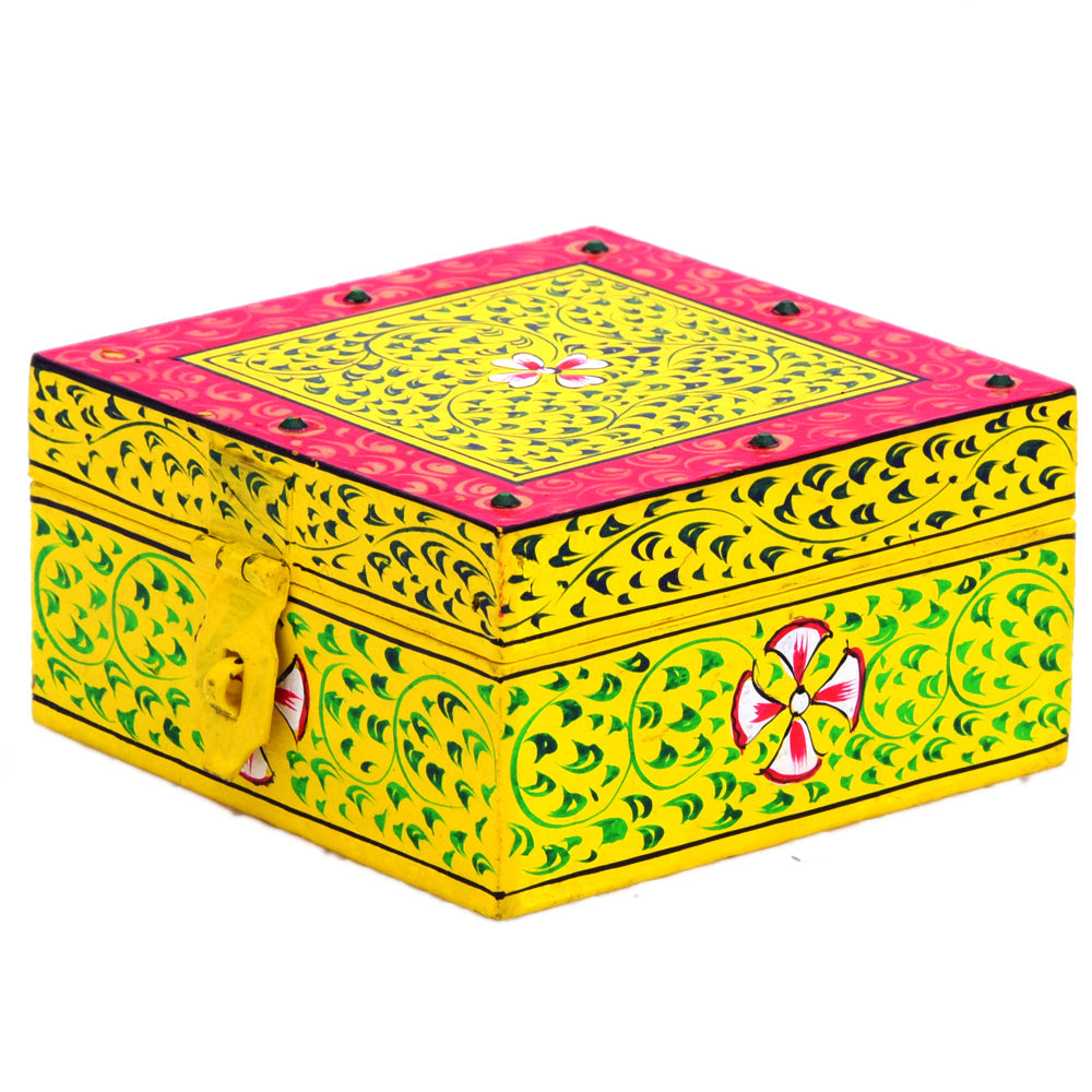 Hand painted Wooden Square Box : Jewelry Box, Yellow Knick-Knack  Box