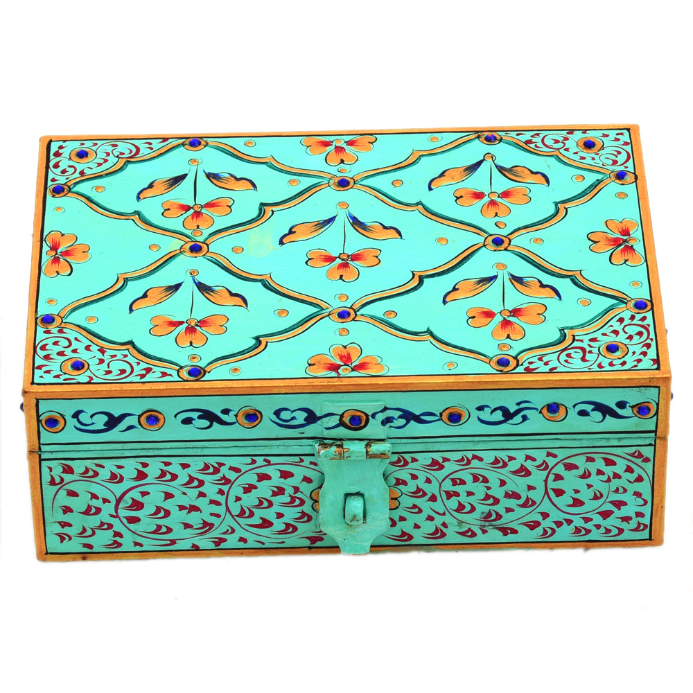 Hand painted Rectangular Wooden Box : Jewelry Box, Yellow Knick-Knack  Box