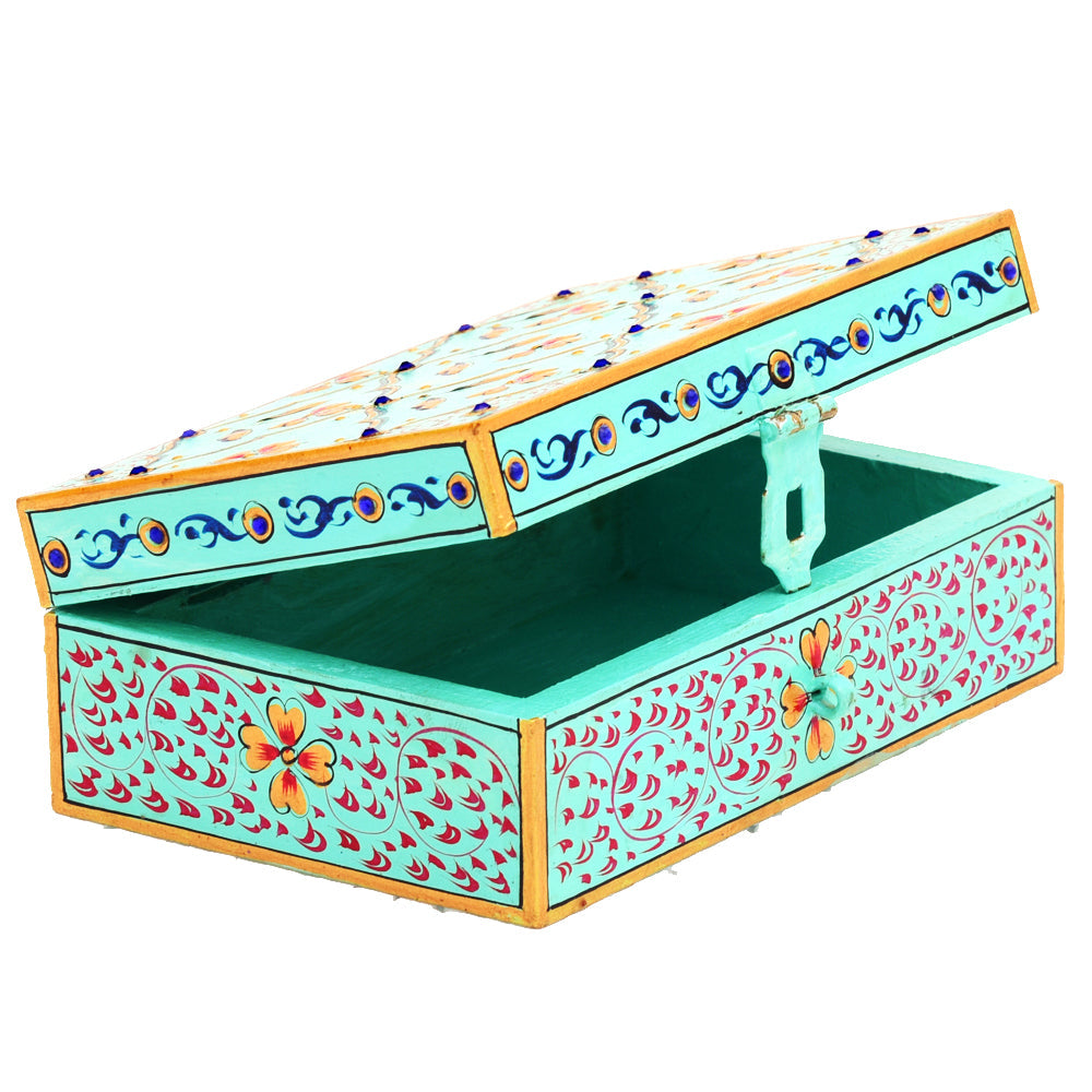 Hand painted Rectangular Wooden Box : Jewelry Box, Yellow Knick-Knack  Box