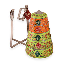 Kaushalam hand painted 5 tier steel pyramid tiffin: Orange & Green