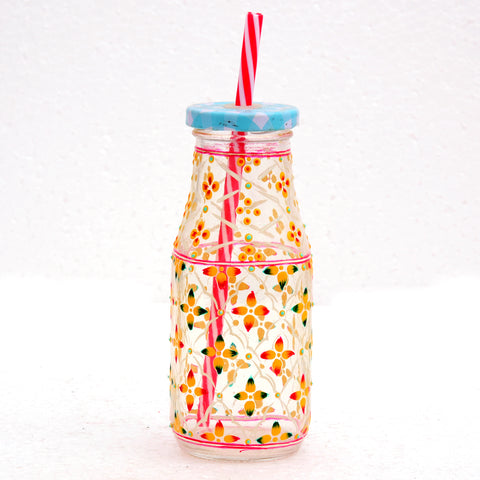 Hand Painted Juice Jar - Sipper-  "Sunny" Set of 4 Bottles