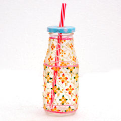 Hand Painted Juice Jar - Sipper-  "Sunny" Set of 4 Bottles