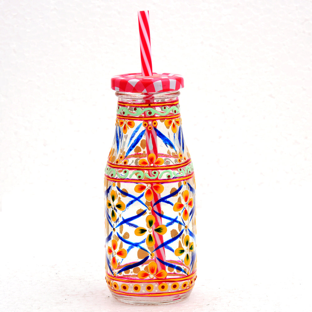 Hand Painted Juice Jar - Sipper-  "Kesar" Set of 4 Bottles