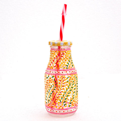 Hand Painted Juice Jar - Sipper-  "Rhythm" Set of 4 Bottles