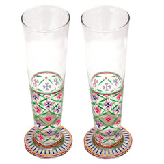 Hand Pinted Tall Beer Glass Set, 420ml, Set of 2 : Mughal Garden Multi colour