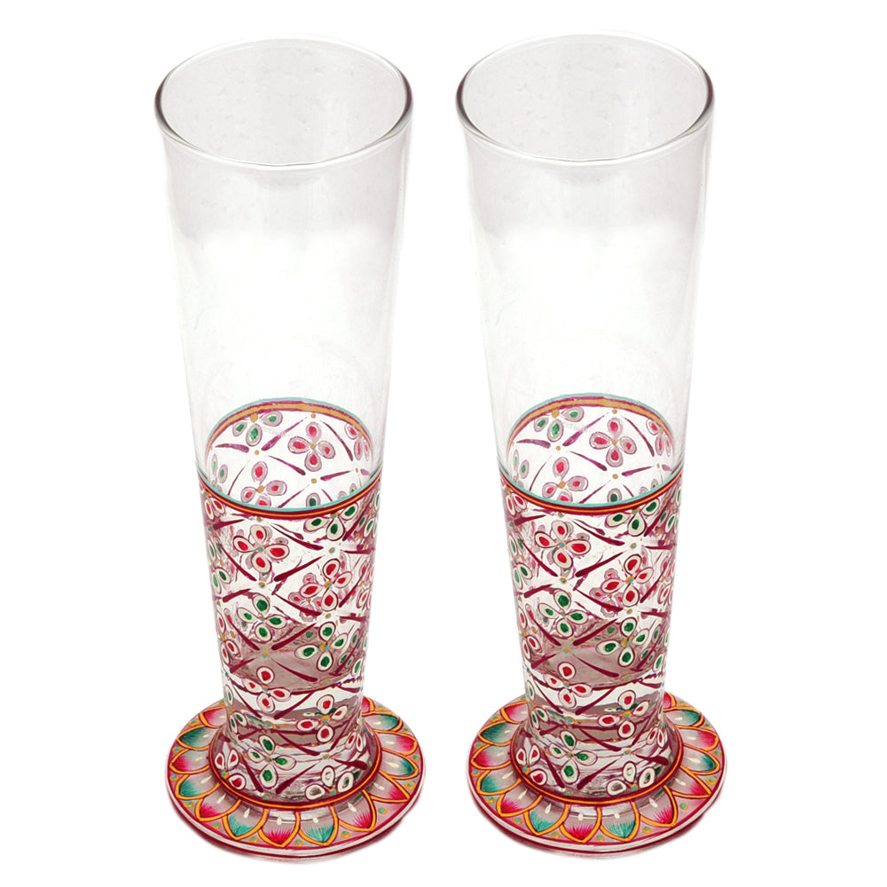 Hand Pinted Tall Beer Glass Set, 420ml, Set of 2 : Mughal Garden Red