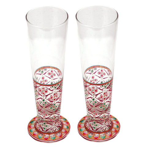Hand Pinted Tall Beer Glass Set, 420ml, Set of 2 : Mughal Garden Red