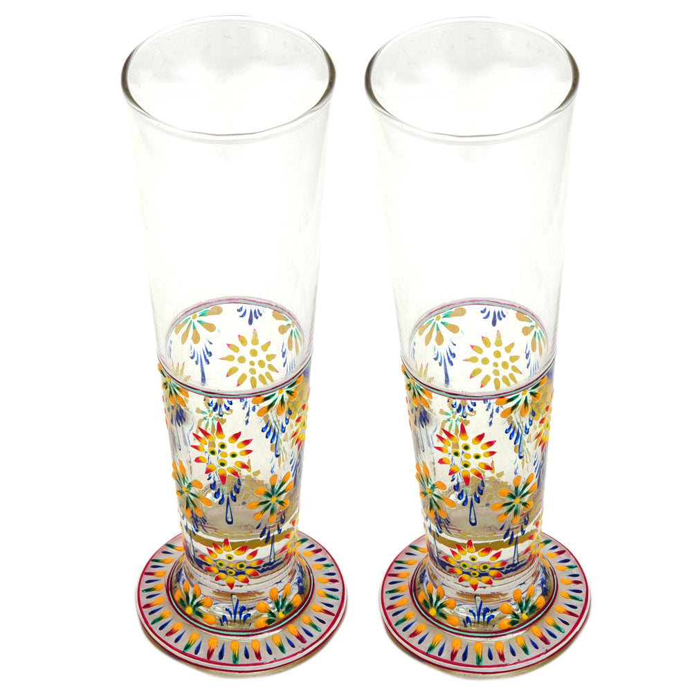 Hand Pinted Tall Beer Glass Set, 420ml, Set of 2 : Mughal Garden Yellow