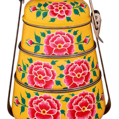 Hand Painted 3 Tier Steel Pyramid Lunch Box-  Yellow Floral Kashmiri