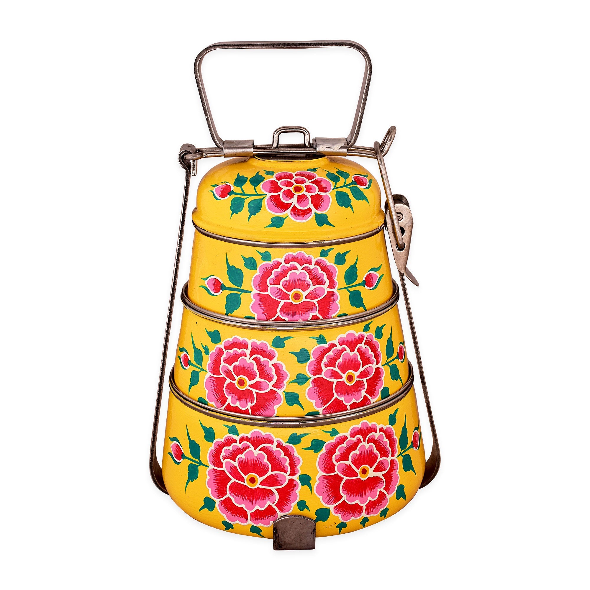 Hand Painted 3 Tier Steel Pyramid Lunch Box-  Yellow Floral Kashmiri