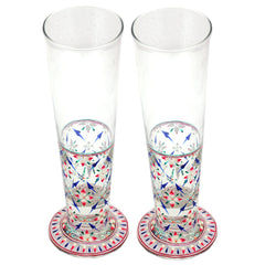 Hand Pinted Tall Beer Glass Set, 420ml, Set of 2 : Mughal Garden Flower Multi colour