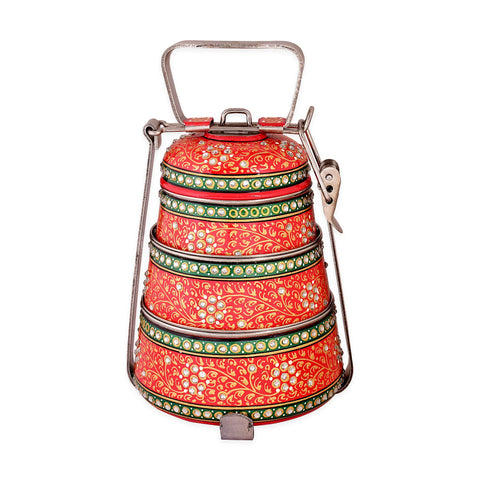 Hand Painted 3 Tier Steel Lunch Box- Red