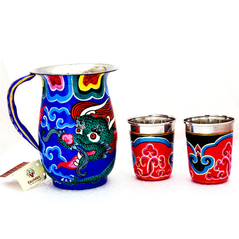 Hand painted Steel Jug and 2 water Glasses: Ladakhi Art