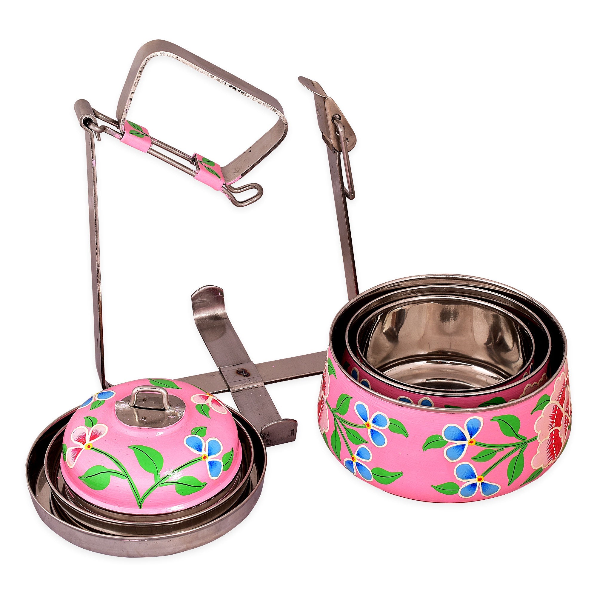 Hand Painted 3 Tier Steel Lunch Box- "Pink Floral"