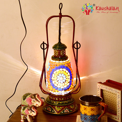 Hand Painted Lantern with Bulb : Ethnic Mosaic Bed Side Lamp ,Dark Green & Cherry