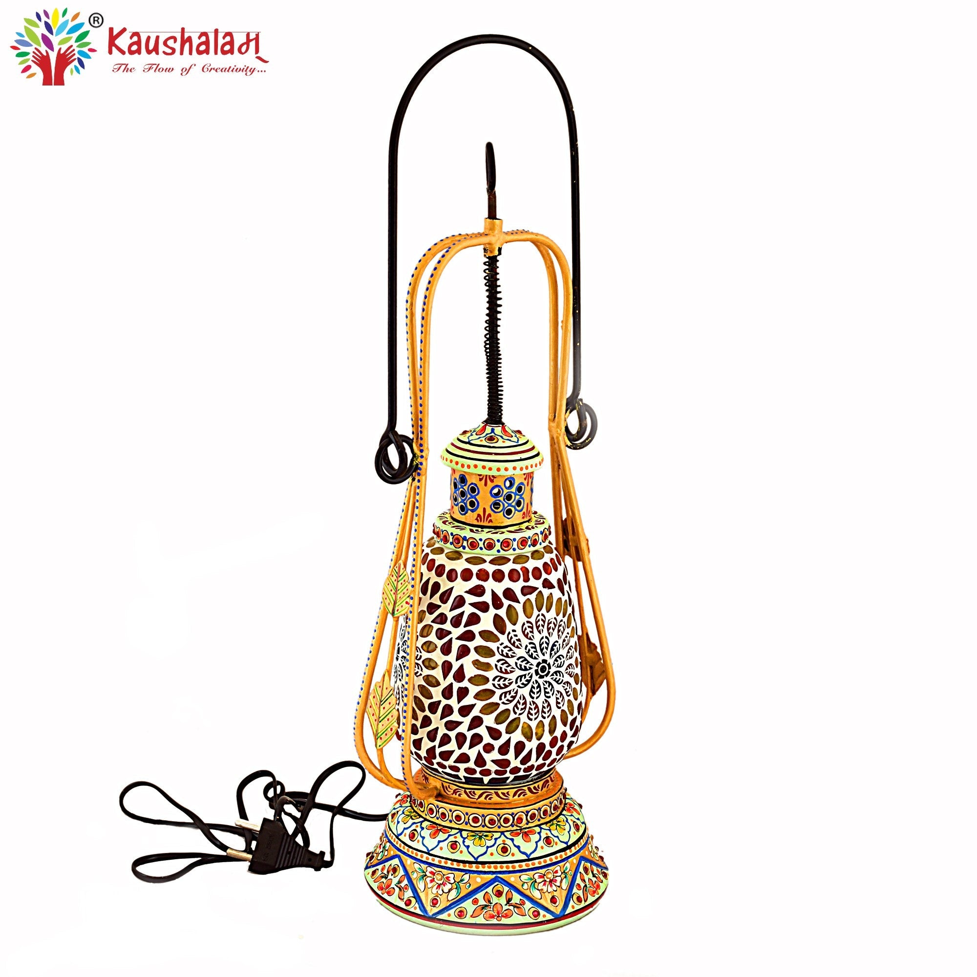Hand Painted Lantern with Bulb : Ethnic Mosaic Lantern Lamp, Gold & Aqua Green
