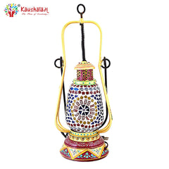 Hand Painted Lantern with Bulb : Ethnic Mosaic Bed Side Lamp Gold & Brownish Red