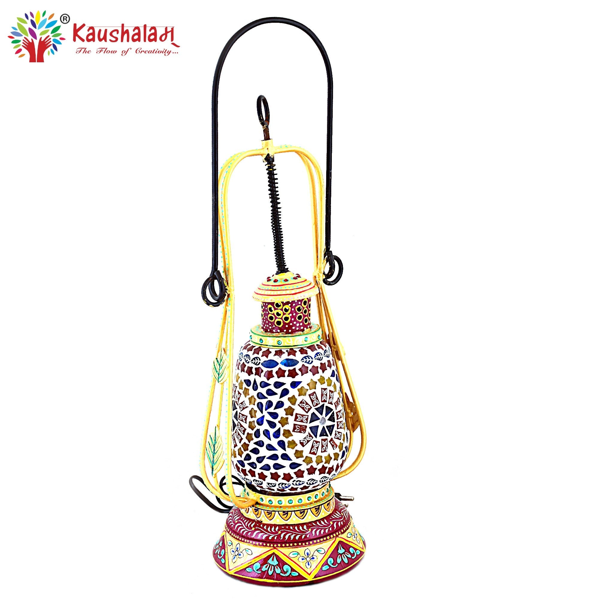 Hand Painted Lantern with Bulb : Ethnic Mosaic Bed Side Lamp Gold & Brownish Red