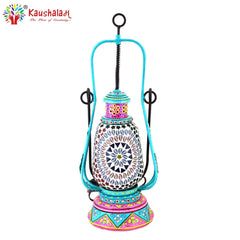 Hand Painted Lantern with Bulb : Ethnic Mosaic Bed Side Lamp, Sky Blue & Pink