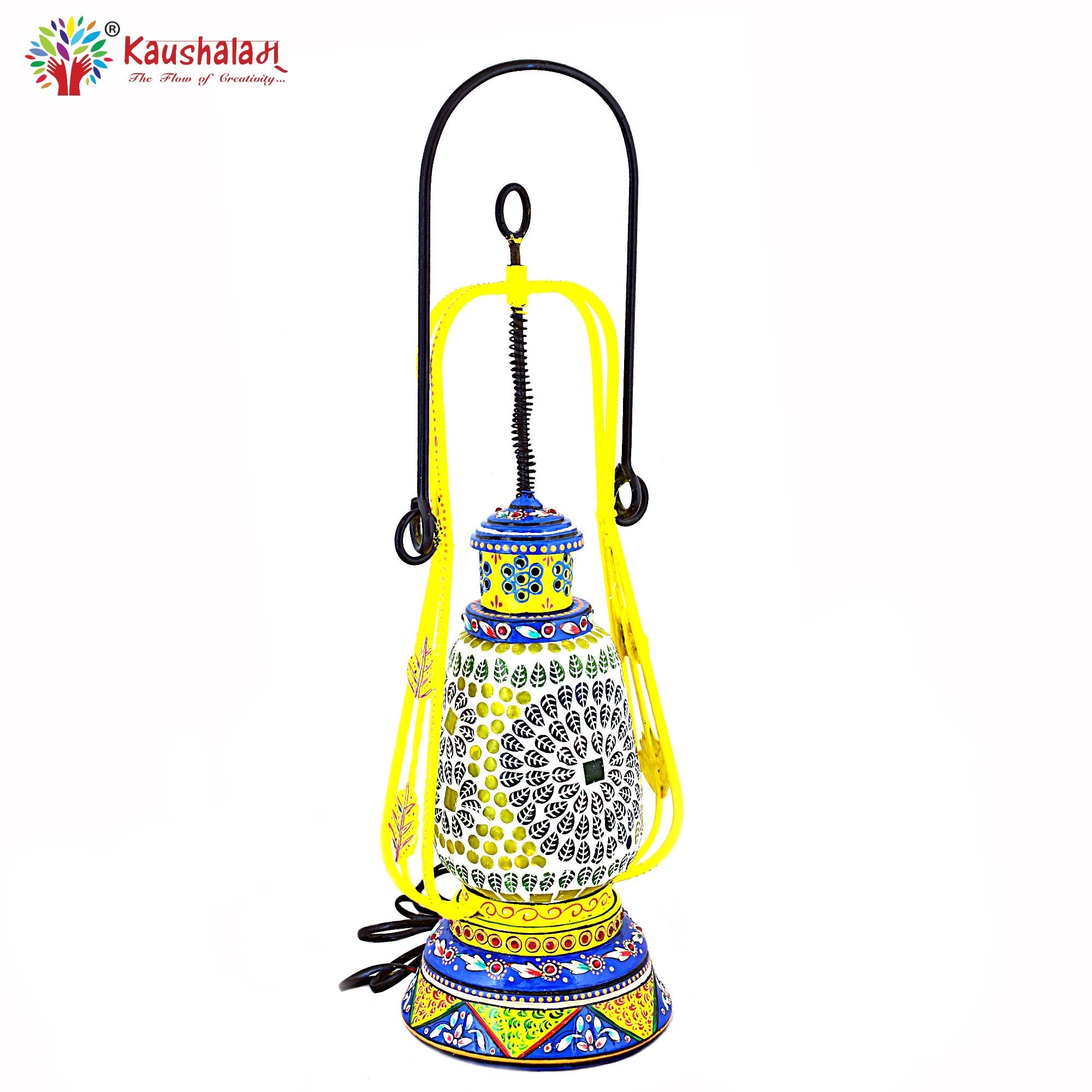 Hand Painted Lantern with Bulb : Ethnic Mosaic Bed Side Lamp, Turquoise-blue & Lemon Yellow