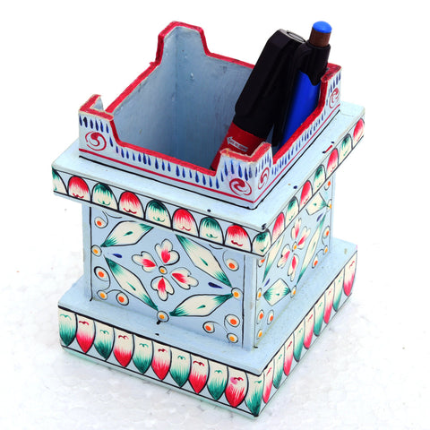 Hand Painted Pen Stand- Tulsi Shape sky blue
