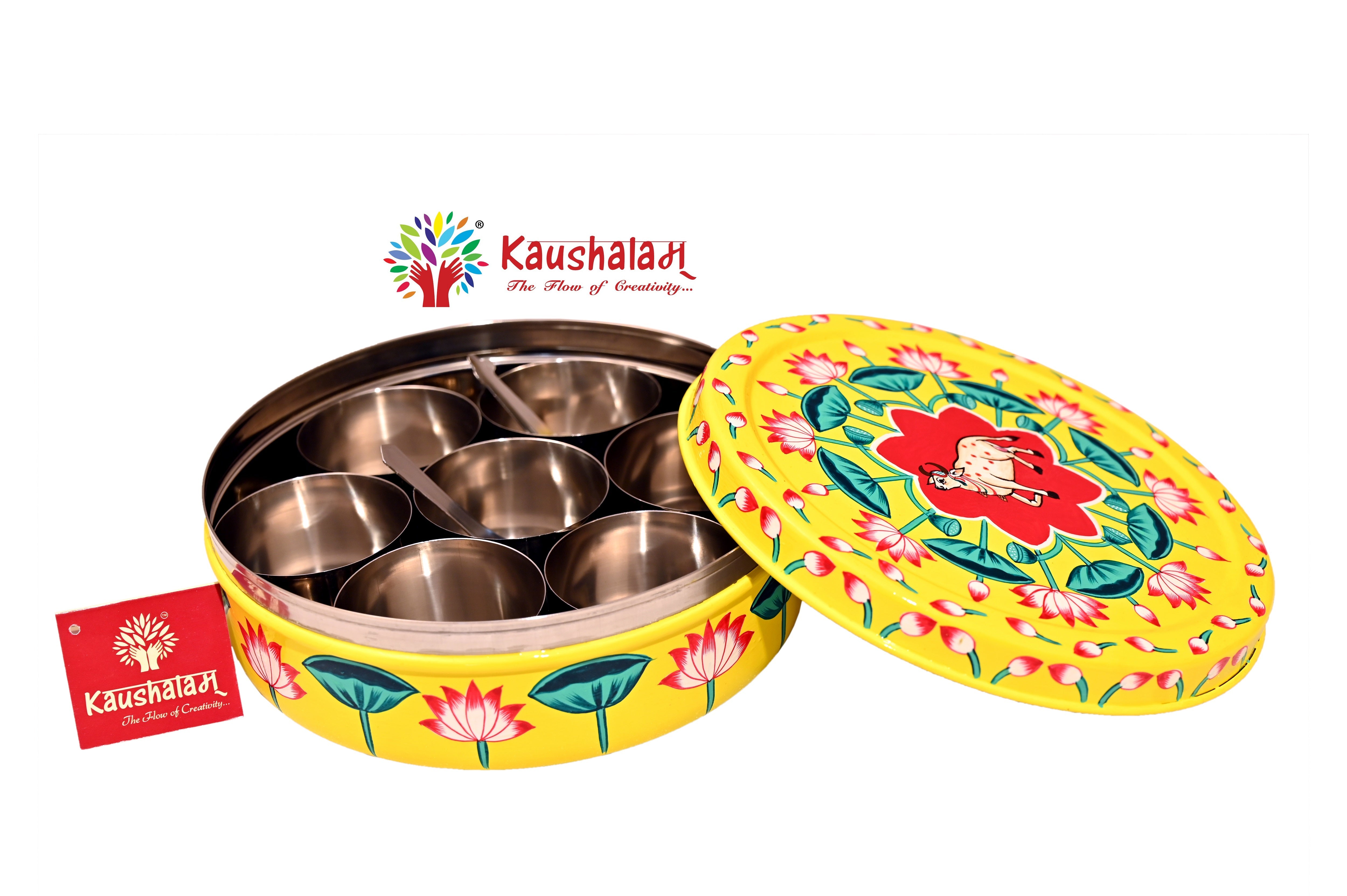 Hand Painted Spice Box - Yellow Pichwai Masala Box, Spice Containers, Indian Masala Daani