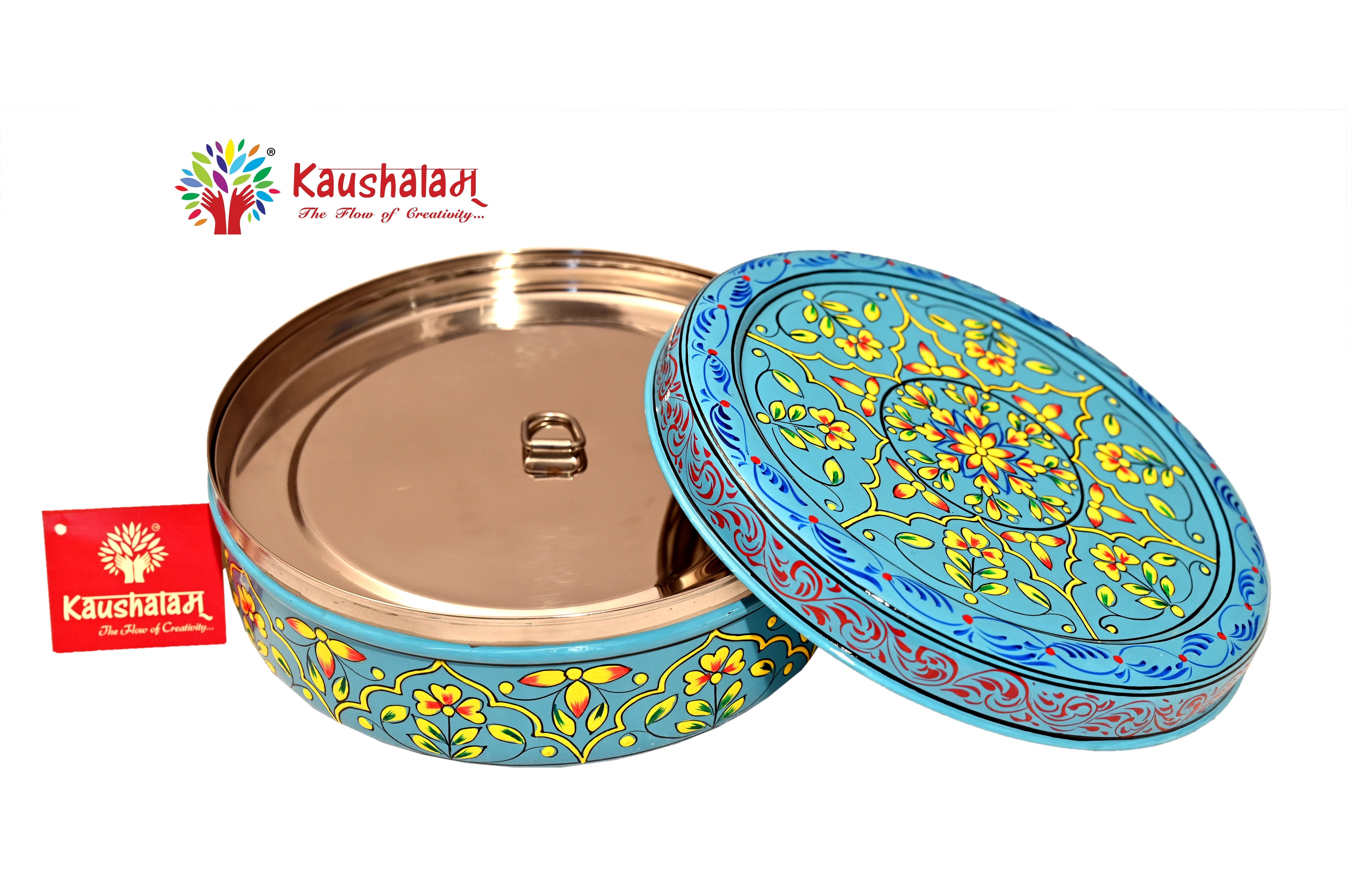 Hand Painted Spice Box - Turquoise Masala Box, Spice Containers, Indian Masala Daani