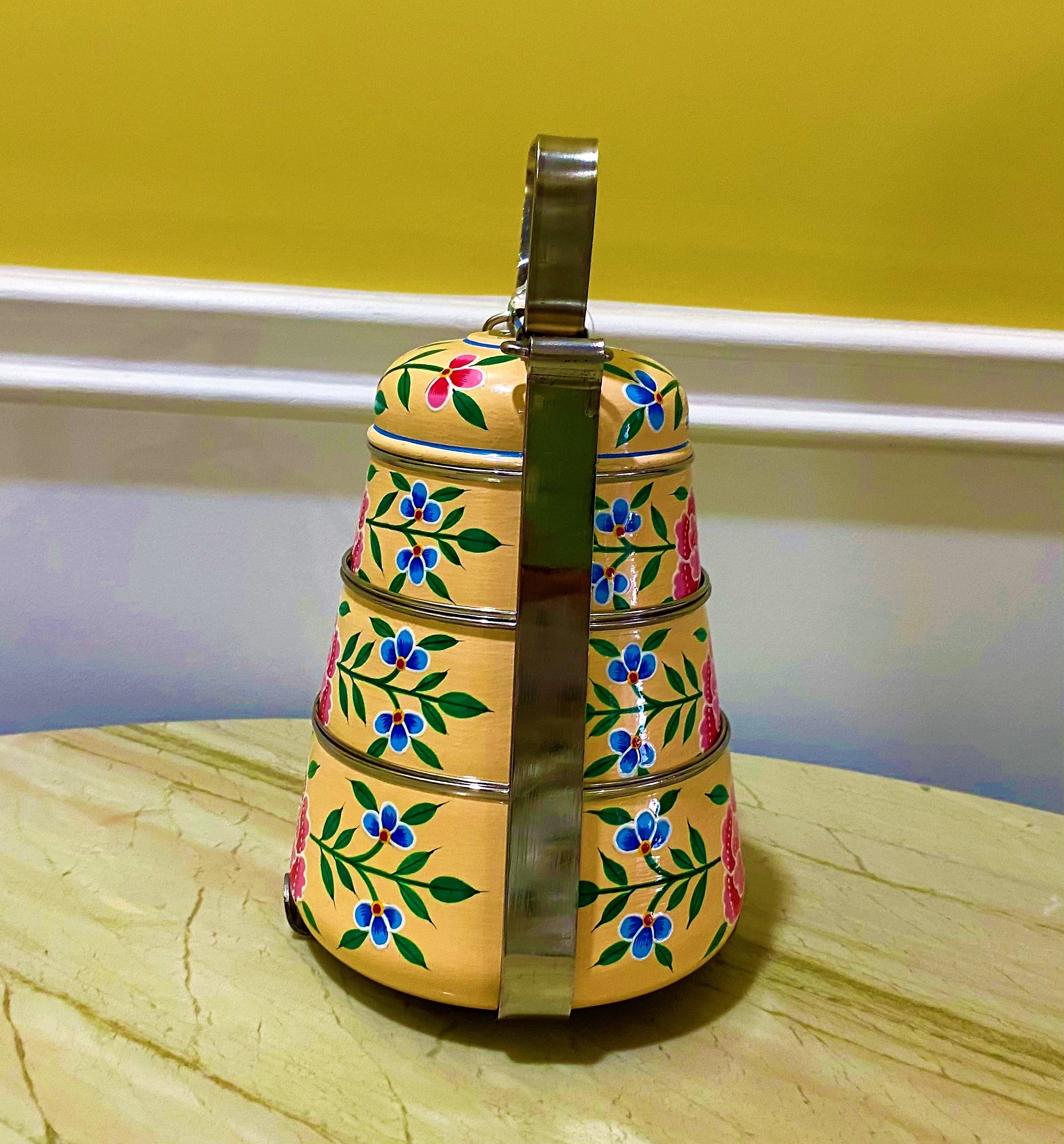 Hand Painted 3 Tier Steel Pyramid Lunch Box- Peach Kashmiri Art