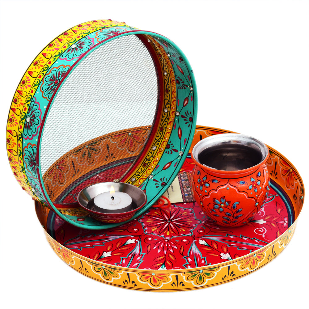 Karwa Chauth set - Plate, Chalni, Diya and Kalash