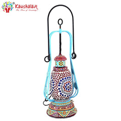Hand Painted Lantern with Bulb : Ethnic Mosaic Lantern Lamp, Brownish Red & Aqua Blue