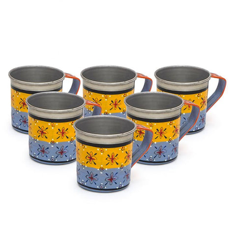 Hand Painted Tea Cups Set of  6 : Yellow & Skyblue