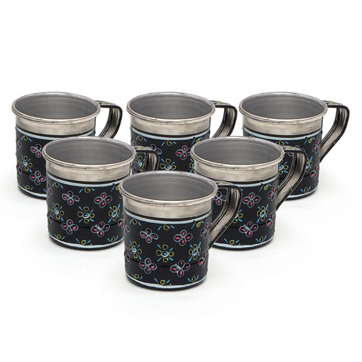 Hand Painted Tea Cups Set of  6 : Floral Black